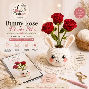 Vaso de flores de coelho com rosas em crochê, modelo amigurumi de coelho (download em PDF)