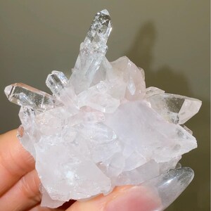 May include: A cluster of clear and pale pink quartz crystals featuring multiple sharp, pointed terminations extending from a central base. The mineral specimen displays a translucent, crystalline structure with varying facets and reflective surfaces.