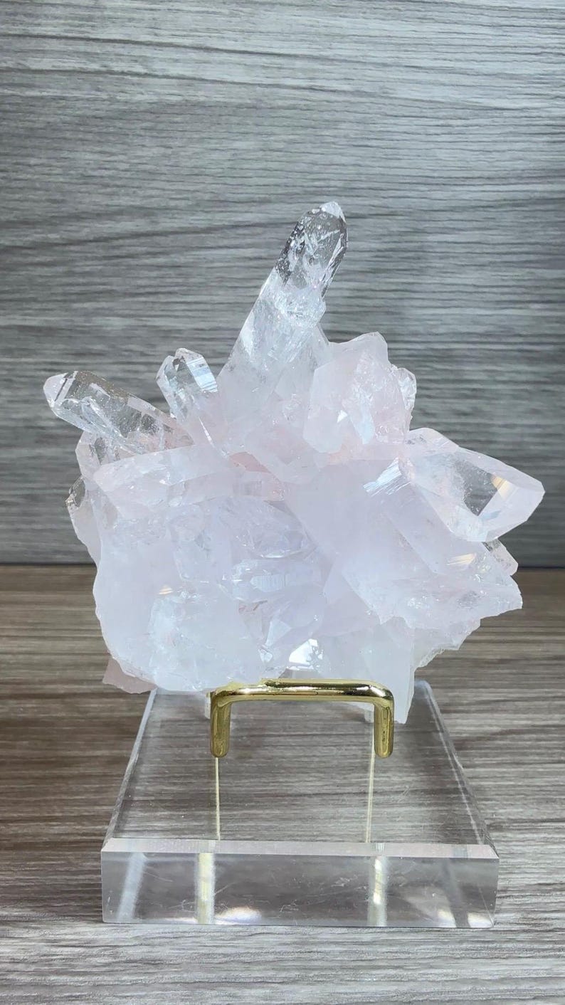 May include: A pale pink rose quartz crystal cluster with multiple translucent, pointed terminations. The mineral specimen is securely held by a polished gold-toned metal stand, which is mounted on a clear, rectangular acrylic base for display.