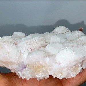 May include: A cluster of white, plate-like barite crystals forming a flat, layered formation. The mineral specimen features numerous stacked, tabular crystal blades with a pearly luster and subtle hints of pale yellow and purple coloration.