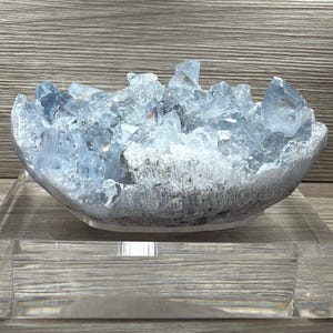 May include: A cluster of light blue celestite crystals forming a bowl-like shape. The mineral specimen features numerous translucent, jagged points with a pale blue hue, resting on a rough, grey, rocky base. The crystal formation is displayed on a clear acrylic stand.