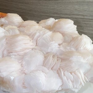 May include: A cluster of pale pink, layered, plate-like mineral crystals forming a dense, textured formation. The specimen features numerous thin, stacked crystalline sheets with a soft, translucent appearance and a light, creamy coloration.