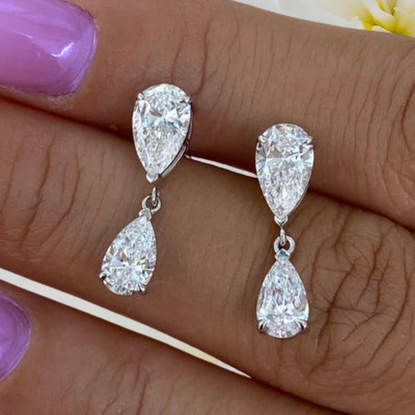 925 Sterling Silver Pear Cut Drop Earrings – Dainty Teardrop Dangle Pair
