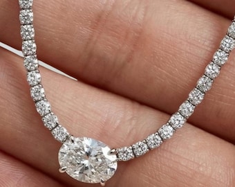 925 Sterling Silver Oval Cut Moissanite Tennis Necklace | Bridal Diamond Look Necklace