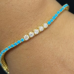 Turquoise diamanten tennisarmband, sierlijke zilveren armband, minimalistische turquoise sieraden, delicate stapelbare armband, cadeau voor haar