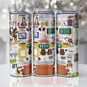 May include: Three white stainless steel tumblers with a colorful design featuring cartoon illustrations and text from the TV show "Friends." The design includes the Central Perk logo, a brown couch, and various quotes and images.