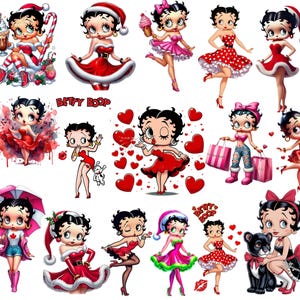 May include: A collection of colorful cartoon illustrations of Betty Boop in various poses and outfits. The images feature Betty Boop in red dresses, Santa outfits, and other festive attire, with hearts and shopping bags.