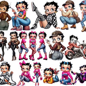 May include: A collection of cartoon illustrations of a woman in various outfits and poses. The images feature the woman in different styles, including casual wear, streetwear, and biker attire. The color palette includes pink, blue, black, and brown.