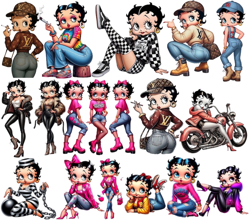 May include: A collection of cartoon illustrations of a woman in various outfits and poses. The images feature the woman in different styles, including casual wear, streetwear, and biker attire. The color palette includes pink, blue, black, and brown.