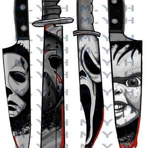 May include: A digital illustration featuring four knives with black handles. Each blade displays a different horror character face, including a mask, a hockey mask, a ghost face, and a doll face. Red blood drips from the tips of the sharp blades.