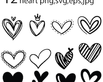 12 Doodle Herz SVG, PNG, EPS, Valentinstag Liebe Clipart (digitaler Download)