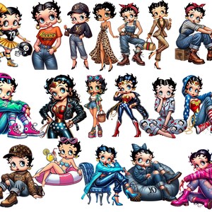 May include: A collection of cartoon illustrations of Betty Boop in various outfits and poses. The images showcase Betty Boop in different styles, including athletic wear, casual attire, and superhero costumes. The color palette is vibrant, with a focus on bold colors and patterns.