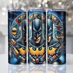 May include: Three stainless steel tumblers with a Batman design. Each tumbler features a detailed illustration of Batman's face, the bat symbol, and a cityscape. The design is set against a dark blue background with colorful accents.