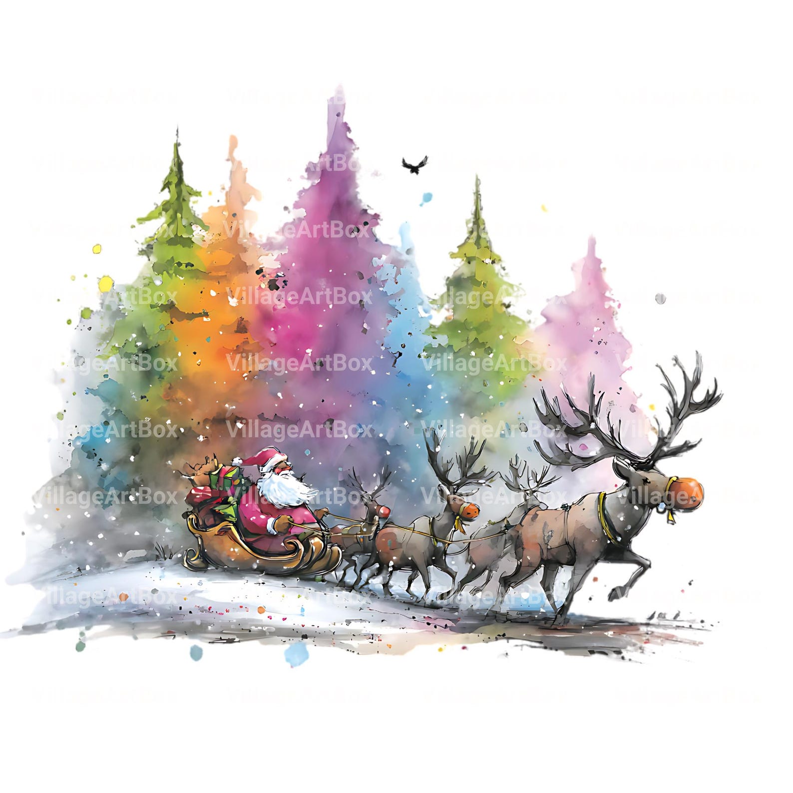 Splash Watercolor Santa and Reindeer Clipart — Whimsical Christmas ...