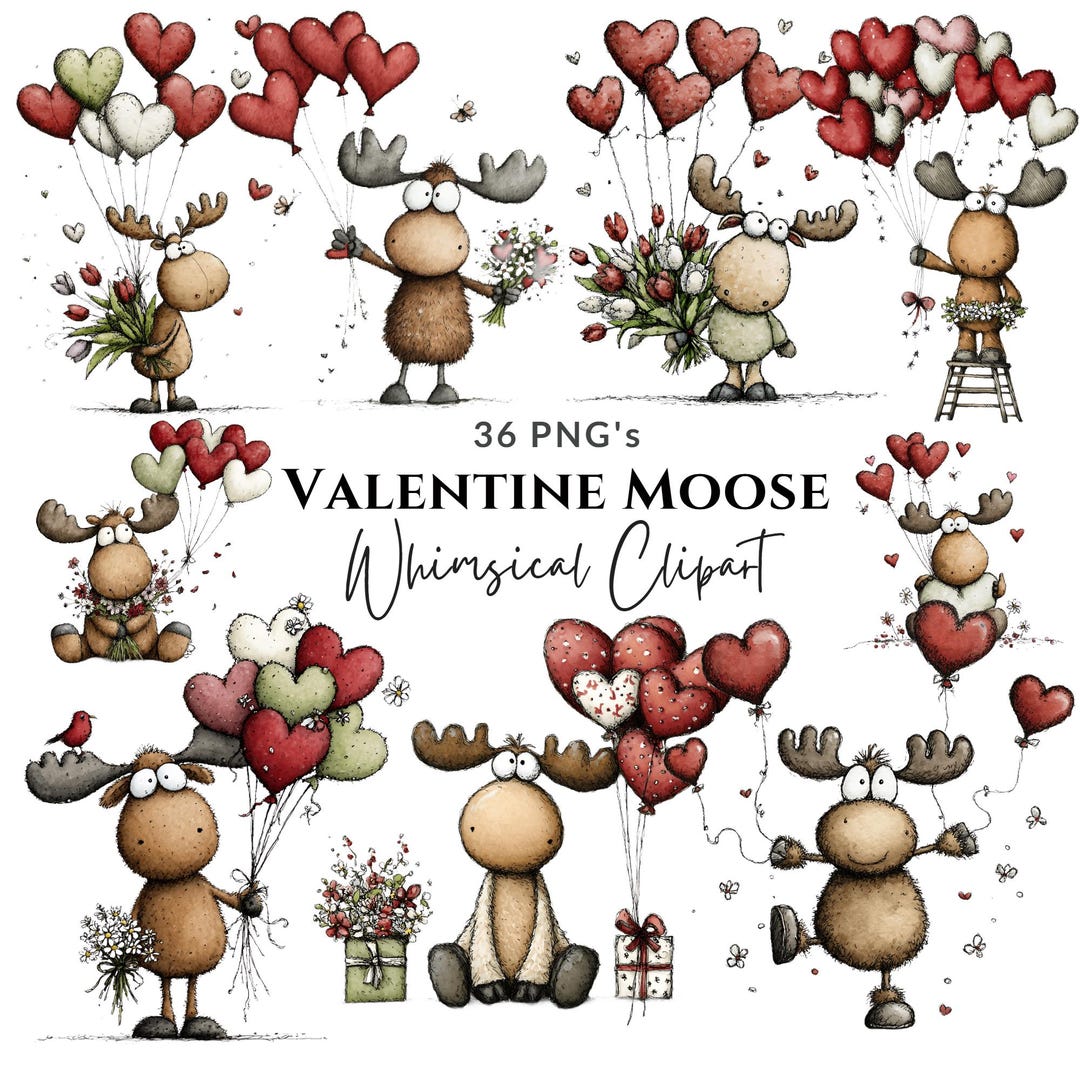 Whimsical Valentine’s Day Moose Clipart Bundle: Quirky Heart Balloons ...