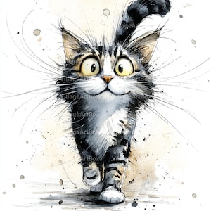 May include: Watercolor illustration of a walking cat with a surprised expression. The cat has large yellow eyes, long whiskers, and a striped tail. The cat's fur is a mix of gray, black, and white, with a smiling mouth. The background has watercolor splatters.