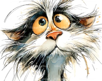 12 Quirky Cat Portrait Clipart | Whimsical Funny Cartoon Cat | Face Pet Character (Digital Download)