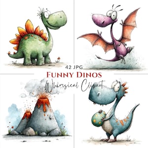 Peut inclure: Illustrations à l'aquarelle de quatre dinosaures fantaisistes. L'image comprend un stégosaure vert, un dinosaure volant violet, un dinosaure bleu tenant un œuf et un volcan. Le texte indique "FUNNY DINOS Whimsical Clipart."