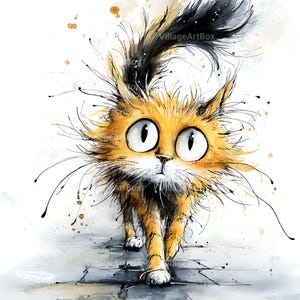 May include: Watercolor illustration of a cartoon cat with orange and black fur, large white eyes, and long whiskers. The cat is walking forward on a gray surface, with a whimsical and expressive style.