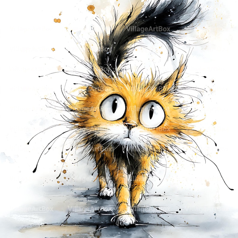 May include: Watercolor illustration of a cartoon cat with orange and black fur, large white eyes, and long whiskers. The cat is walking forward on a gray surface, with a whimsical and expressive style.