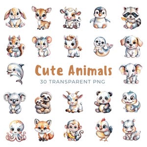 30 PNG Aquarell Baby Tiere Clipart, niedlichen Kindergarten Tier Bundle, druckbare Cartoon Tier PNG Set, sofortiger digitaler Download