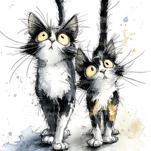 May include: Watercolor illustration of two surprised cats. One cat is black and white, the other is calico. Both cats have large yellow eyes and long whiskers. The artwork has a whimsical style with ink splatters.