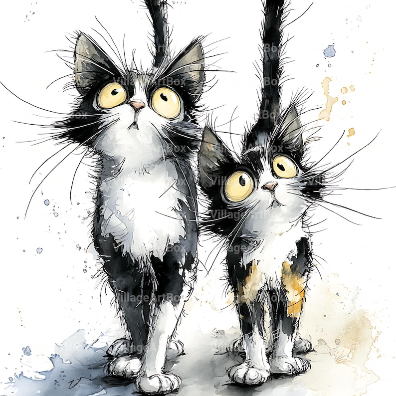 May include: Watercolor illustration of two surprised cats. One cat is black and white, the other is calico. Both cats have large yellow eyes and long whiskers. The artwork has a whimsical style with ink splatters.