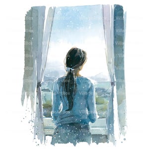 May include: Watercolor painting of a person looking out a window at a scenic view. The person is wearing a blue sweater and has dark hair tied back. The window has white curtains and the text "VillageArtBox" is visible.