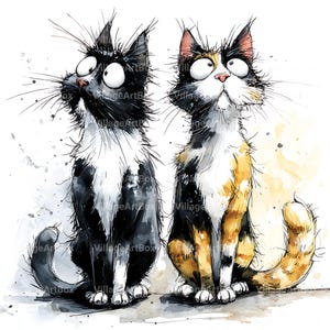 May include: Watercolor illustration of two cats with exaggerated features. One cat is black and white, the other is calico with orange, black, and white fur. Both cats have large eyes and are looking upwards. The artwork has a whimsical, cartoonish style.