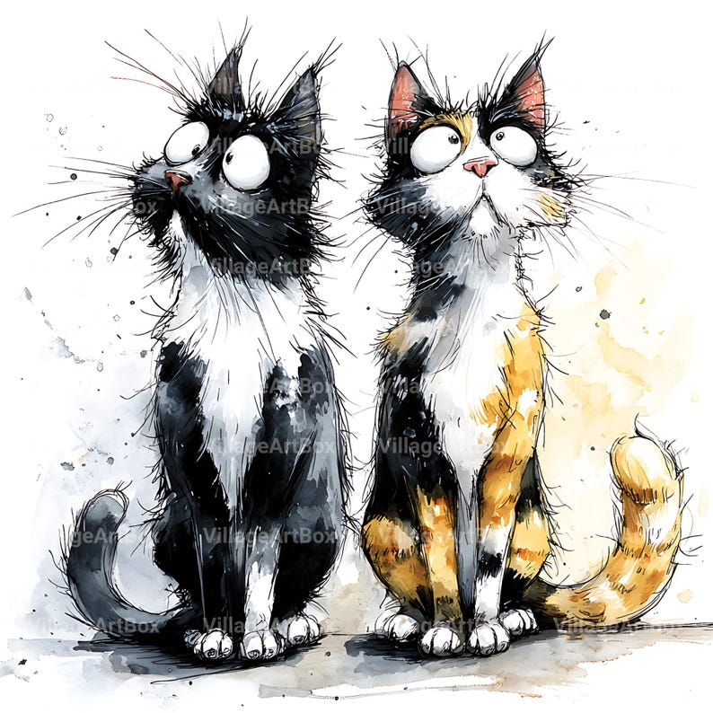 May include: Watercolor illustration of two cats with exaggerated features. One cat is black and white, the other is calico with orange, black, and white fur. Both cats have large eyes and are looking upwards. The artwork has a whimsical, cartoonish style.