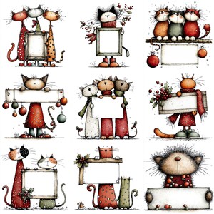 Könnte beinhalten: Eine Sammlung skurriler Katzenillustrationen, jede mit einem leeren Schild. Die Katzen sind in verschiedenen Posen dargestellt, tragen Schals und festliche Kleidung, mit Weihnachtsschmuck und Stechpalmenzweigen. Die Kunstwerke haben einen handgezeichneten Stil mit Fokus auf Details.