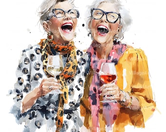 Watercolor Stylish Senior Women Clipart | Golden Years Celebration Art | Birthday Retirement Gift (Digital Download)