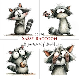 Puede incluir: Una impresión de arte digital con cuatro ilustraciones caprichosas de mapaches. Cada mapache tiene una pose y expresión únicas, con pelaje gris y blanco, máscaras negras y colas rayadas. El texto "Sassy Raccoon Whimsical Clipart" se muestra debajo.