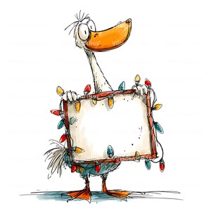 Könnte beinhalten: Eine skurrile Cartoon-Illustration einer Gans, die ein leeres Schild hält, das mit bunten Weihnachtslichtern geschmückt ist. Die Gans hat einen orangefarbenen Schnabel und Füße mit überraschtem Gesichtsausdruck. Das Schild ist rot umrandet.