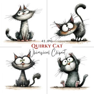 Quirky Whimsical Cat Clipart: Roliga reaktionsposer (digital nedladdning)