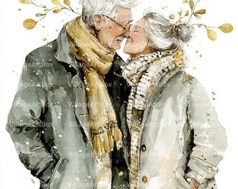 Watercolor Christmas Couple Clipart, Mistletoe Kiss JPG Images, Cozy Senior & Grandparents Set (Digital Download)