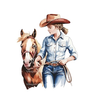 Watercolor Cowgirl Clipart Bundle: Wild West PNG Graphics (Digital Download