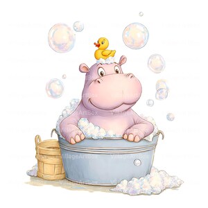 Pode incluir: Ilustração de um hipopótamo roxo tomando banho numa banheira azul com bolhas e espuma. Um patinho de borracha amarelo está em cima da cabeça do hipopótamo. Um pequeno balde de madeira está ao lado.