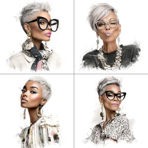 Clipart de cabello pixie plateado en acuarela / Corte pixie y barbero para mujeres negras / Descarga digital, revista basura, sublimación