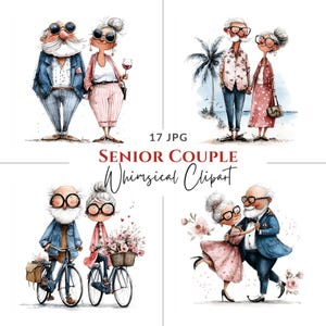 May include: A collection of watercolour illustrations depicting senior couples in different scenarios. One couple is formally dressed, another at the beach, a third on bicycles, and the last dancing. The text "SENIOR COUPLE Whimsical Clipart" is also present.