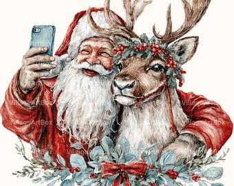 Watercolor Santa and Reindeer Clipart: Christmas Scenes (PNG Instant Download)
