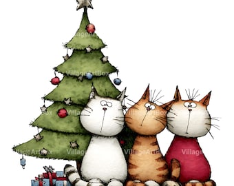 Watercolor Christmas Cats Clipart PNG Bundle, Whimsical Holiday Cat Art for Scrapbooking