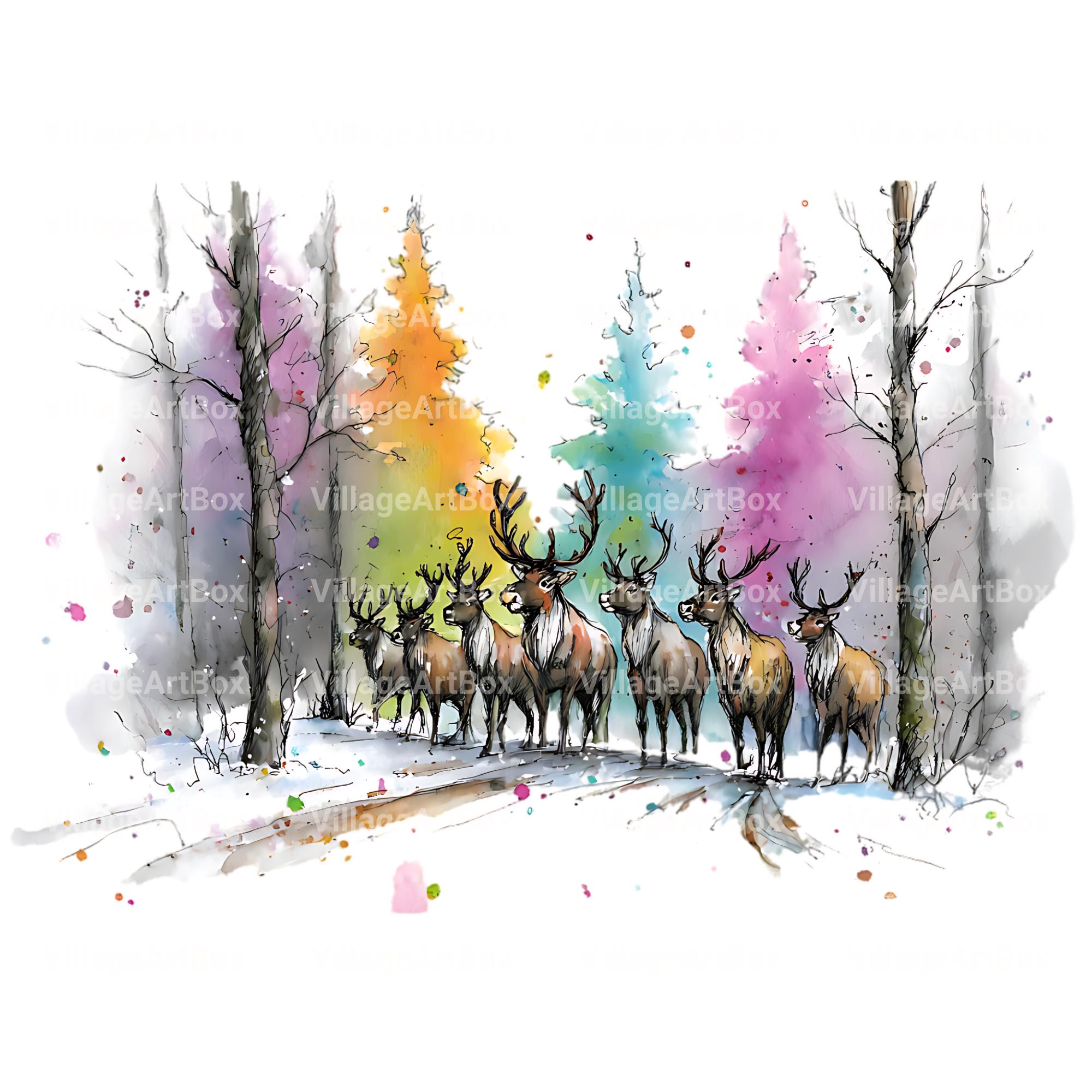 Splash Watercolor Santa and Reindeer Clipart — Whimsical Christmas ...
