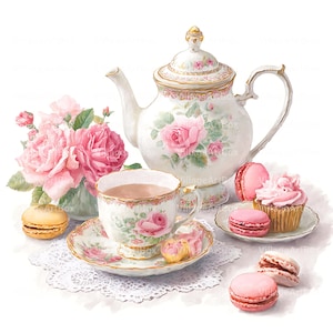 Può includere: Illustrazione ad acquerello di un tea party. Sono presenti un set di teiera e tazza bianche con disegni floreali di rose rosa. Macarons rosa, un cupcake e un bouquet di rose rosa completano la scena. Sono presenti anche un macaron giallo e un biscotto rosa.
