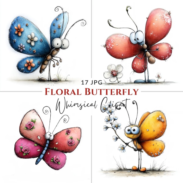 Imágenes prediseñadas de mariposas florales caprichosas: Mariposas de dibujos animados originales (Descarga digital, 17 JPG)