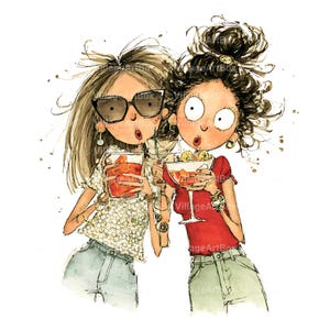 May include: Watercolor illustration of two women holding cocktails. One wears sunglasses and a patterned top, the other a red top. Both are surprised, with wide eyes and open mouths. The drinks are filled with ice and fruit.