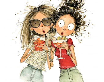 Des cliparts pour une soirée entre filles | Filles fêtardes, petites amies bien roulées dansant, aquarelle JPG entre amies