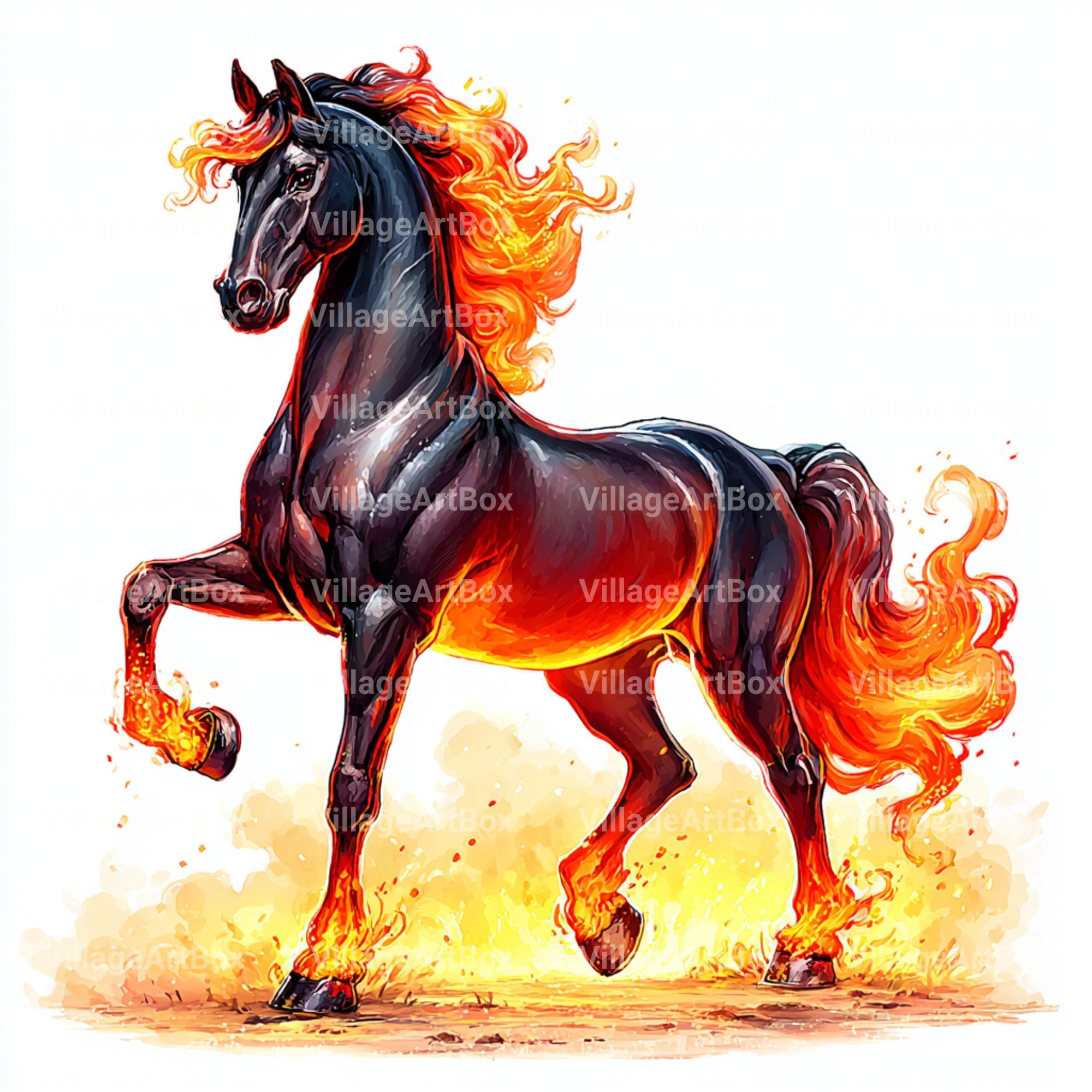 水彩画「火の馬」のクリップアート：2026年の中国の干支（デジタル