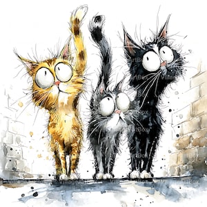 May include: Watercolor illustration of three cartoon cats with exaggerated features. The cats are a golden tabby, a gray tabby, and a black cat. The golden tabby has one paw raised. They have large eyes and are standing in front of a brick wall.