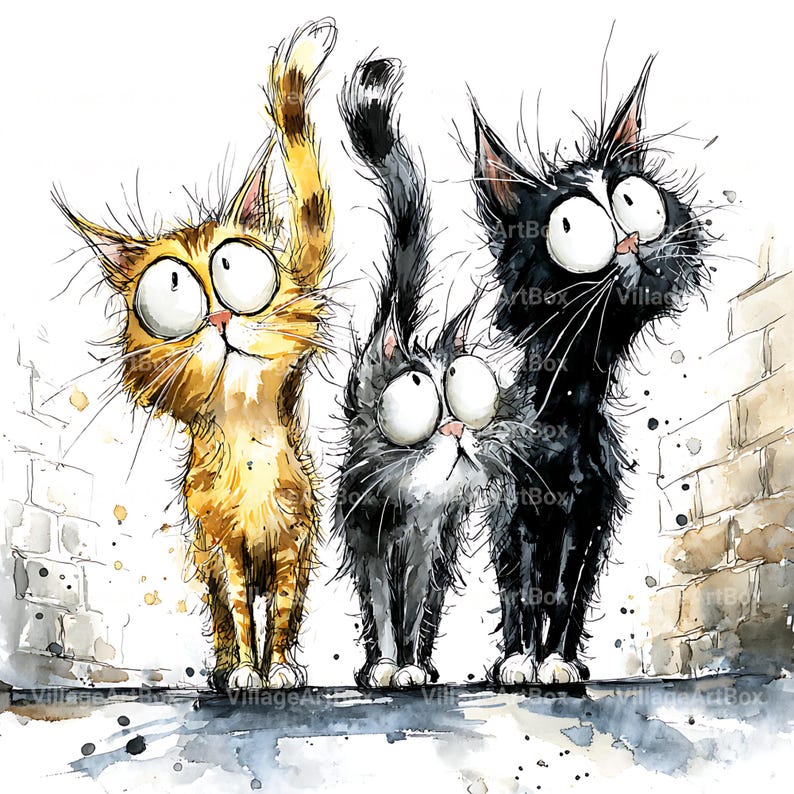 May include: Watercolor illustration of three cartoon cats with exaggerated features. The cats are a golden tabby, a gray tabby, and a black cat. The golden tabby has one paw raised. They have large eyes and are standing in front of a brick wall.
